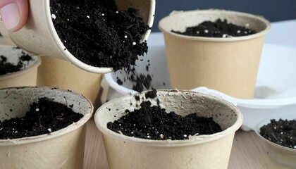 Hand pouring soil into small pots