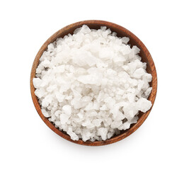 Wooden bowl of sea salt on white background