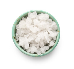 Bowl of sea salt on white background
