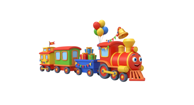 Cartoon train with balloons presents bell and festive decorations for kids