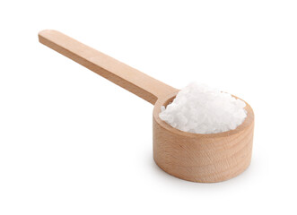 Wooden scoop with sea salt on white background