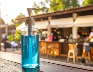 Hand sanitizer bottle on outdoor table