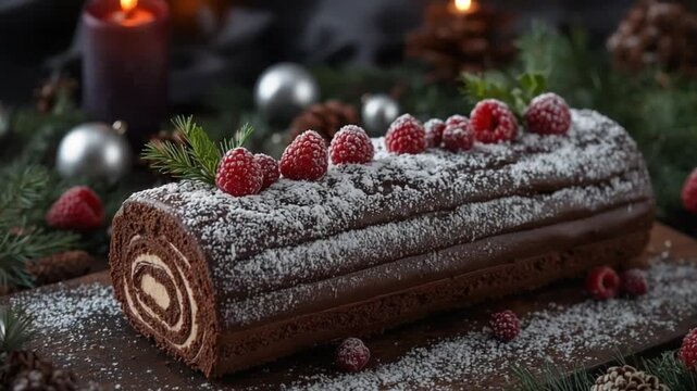 Yule Log Cake Decorated with Berries and Snow for Winter Celebration