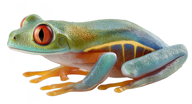 A colorful tree frog with vibrant red eyes and distinct patterns, showcasing its unique and beautiful appearance in nature.