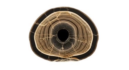 Cross section of a petrified palm root isolated on transparent background, showing the intricate patterns and textures formed over millions of years