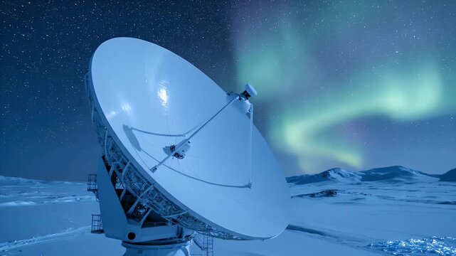 Observatory antenna searching universe signal at night with aurora, a breathtaking celestial display and modern technology exploration for science