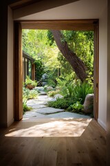 A wooden door leading to a garden