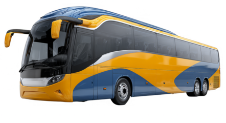 A modern multi-axle passenger bus with vibrant blue and yellow design, suitable for long-distance travel and transportation.