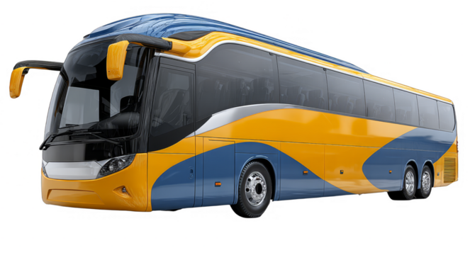 A modern multi-axle passenger bus with vibrant blue and yellow design, suitable for long-distance travel and transportation.