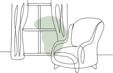 Armchair by window with abstract shape furniture curtains