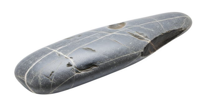 Closeup of a smooth, gray stone with white lines, isolated on transparent background, showcasing its unique texture and natural patterns for design inspiration