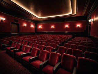 Fototapeta premium Luxurious private movie theater with plush red seating and ornate lighting