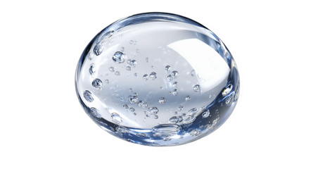 A clear water drop with tiny bubbles inside, illustrating the nature of liquid and its internal bubble distribution.