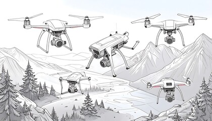 Hand-drawn illustration of drones over a mountain landscape