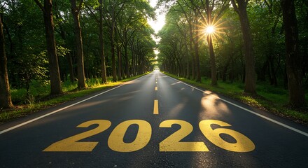 Road to 2026 through a tree lined avenue in summer