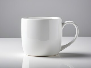Obraz premium Elegant white ceramic mug, empty, on a reflective surface with subtle lighting