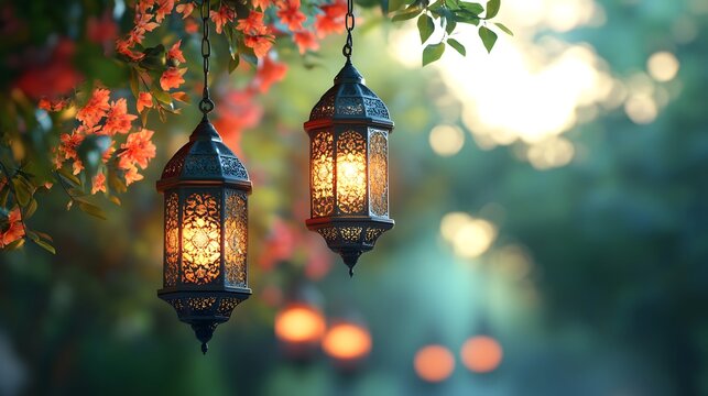 Two ornate lanterns hang illuminated from a tree branch.