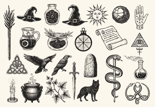 Vintage black engraving illustration of mystical witchcraft elements, potion bottles, snakes, symbols, birds, dagger, candle, and moon.