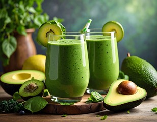 Healthy green smoothies with fresh fruit and vegetables