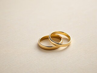 Two gold wedding rings on a textured cream-colored background, symbol of love and commitment