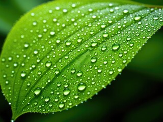 Close-up shot of a vibrant green leaf, glistening with water droplets