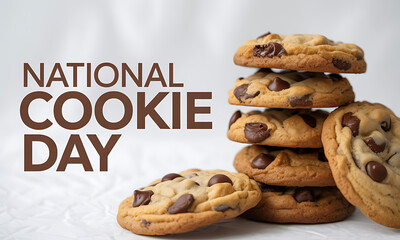Delicious stack of chocolate chip cookies celebrating national cookie day with festive text