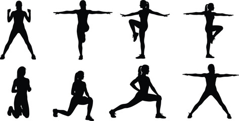 Silhouette of women exercising, fitness poses, yoga balance, stretching workout, female athlete training, healthy lifestyle, body movement, gym exercise, vector illustration