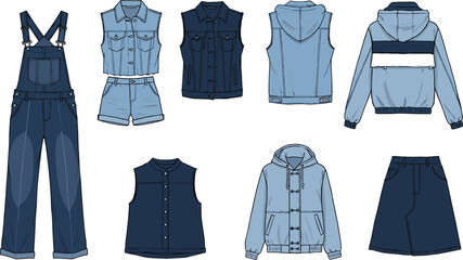 Denim and outerwear illustration, jackets, vests, shirts, shorts, skirt, overalls, fashion flat sketch, garment lineup, cad drawing flat vector illustration