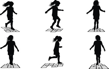 Silhouette of young girl playing hopscotch, childhood fun, outdoor activity, playground game, jumping child, leisure, fitness, exercise, vector illustration