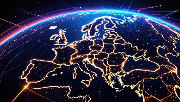 Digital Earth view. Illuminated Europe with network lines. Global connectivity and tech