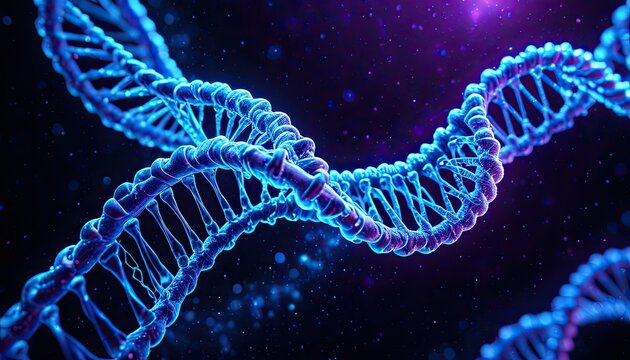 Glowing, intertwined double helix structure in deep space