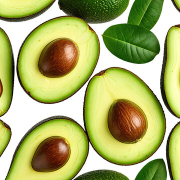Sliced avocados, pits, and leaves arranged on a dark background