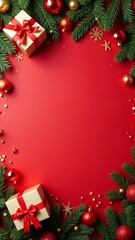 A red background with a border of Christmas decorations.