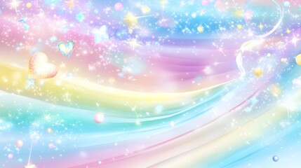 Colorful pastel waves sparkle with stars and hearts in dreamy fantasy.