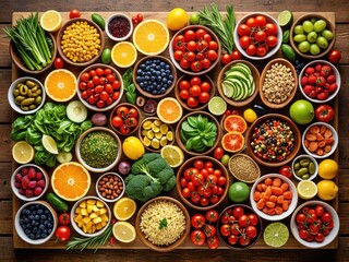 Colorful array of fresh vegetables & fruits in bowls on a wooden surface