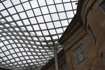 grid shaped glass ceiling of a building