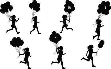 Silhouette of happy girls running with balloons, freedom and childhood joy, outdoor fun, playful motion, happiness and celebration concept illustration