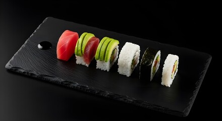 assorted fresh sushi rolls and nigiri on dark plate