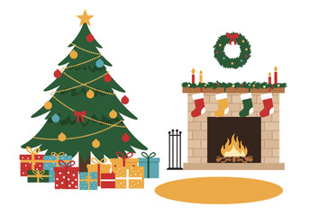 Christmas Room Interior with Tall Tree, Piled Gifts and a Brick Fireplace Adorned with a Wreath 