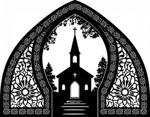 Ornate black and white archway framing a peaceful church silhouette with a cross and steeple.