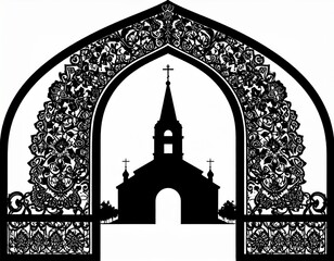 Ornate Church Silhouette with Floral Archway, Black and White Design