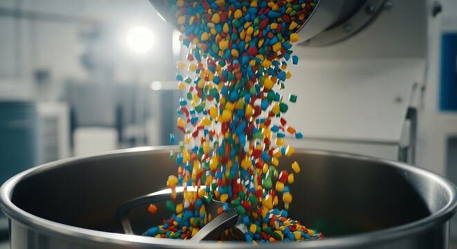 Colorful capsule pills falling into stainless steel bowl