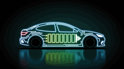 Futuristic neon style electric car with battery charging indicator on a dark background