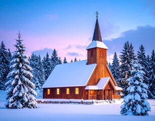 Snowy Wooden Church at Dusk in Winter Forest Landscape with Illuminated Windows