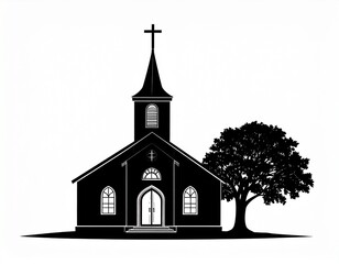 Silhouette Church with Cross and Tree, Black and White.