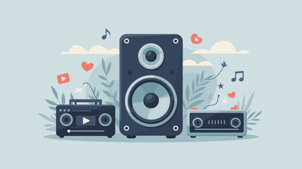 Illustration of a music setup featuring speakers, radio, and audio receiver with musical notes