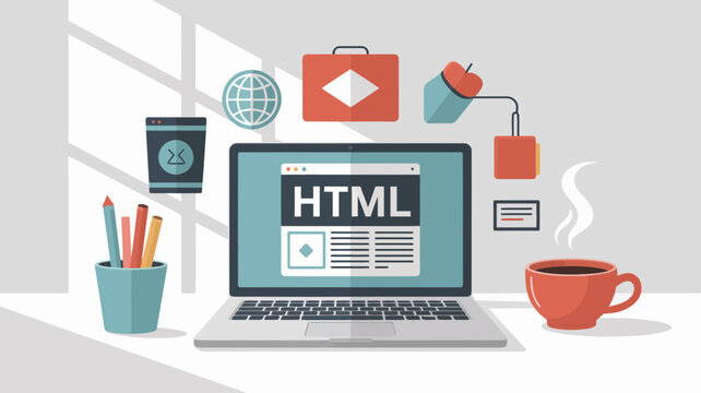 Flat vector illustration of a laptop with the HTML logo and related objects on a desk