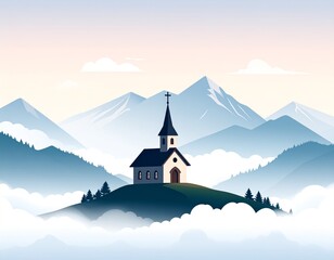 Minimalist Vector Illustration of a Church on a Hill Amidst Misty Mountains and Clouds