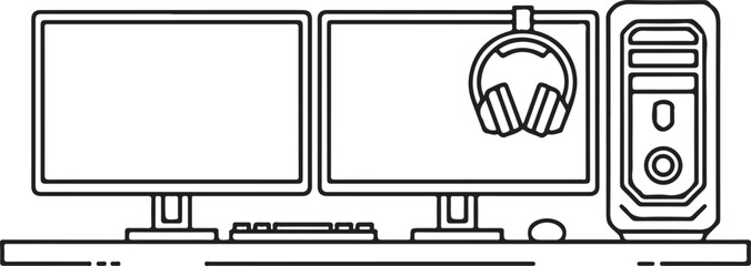Dual Monitor Gaming Setup Outline Icon – Tower, Keyboard, Headset, White Background