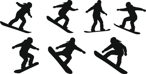 Silhouette of snowboarder jumping in action, winter sport, snowboarding performance, extreme athlete, mountain adventure, cold weather activity, vector illustration